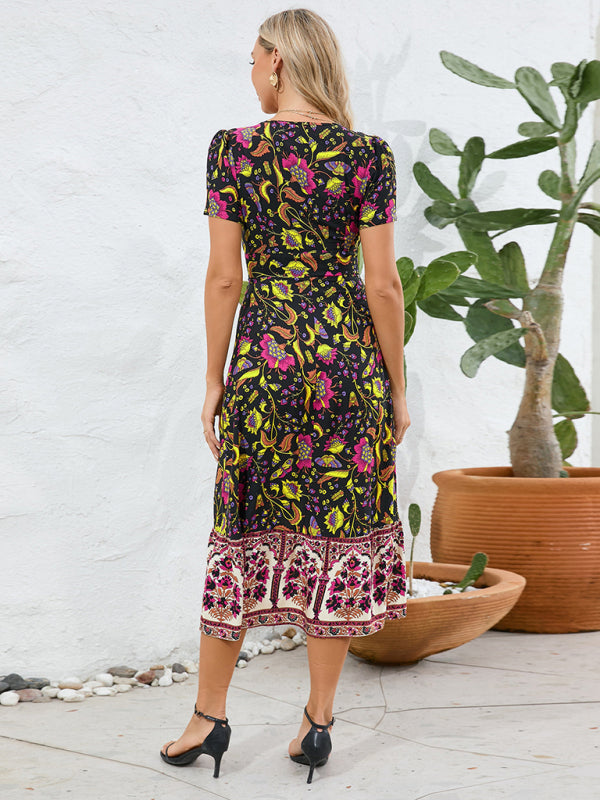 Bohemian V-Neck Midi Dress with Retro Floral Print Midi Dresses MyDresses 