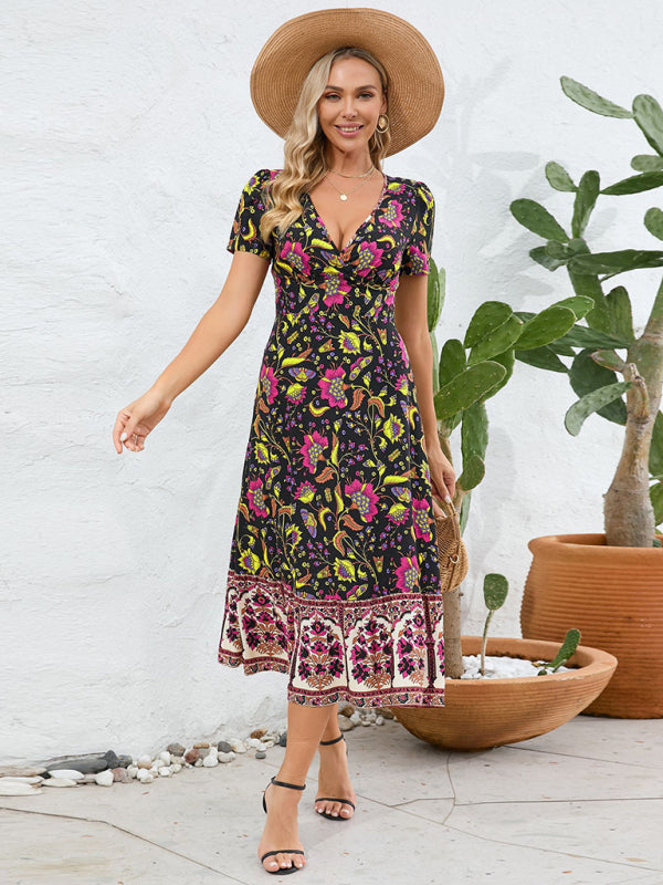 Bohemian V-Neck Midi Dress with Retro Floral Print Midi Dresses MyDresses Black 8 | S 