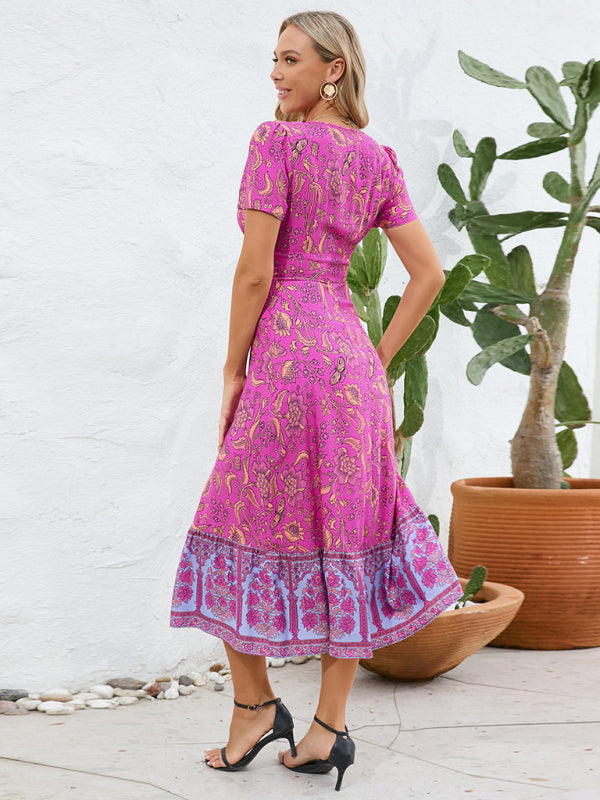 Bohemian V-Neck Midi Dress with Retro Floral Print Midi Dresses MyDresses 