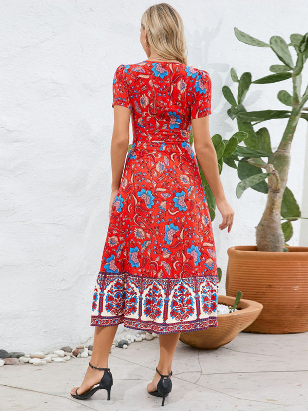 Bohemian V-Neck Midi Dress with Retro Floral Print Midi Dresses MyDresses 