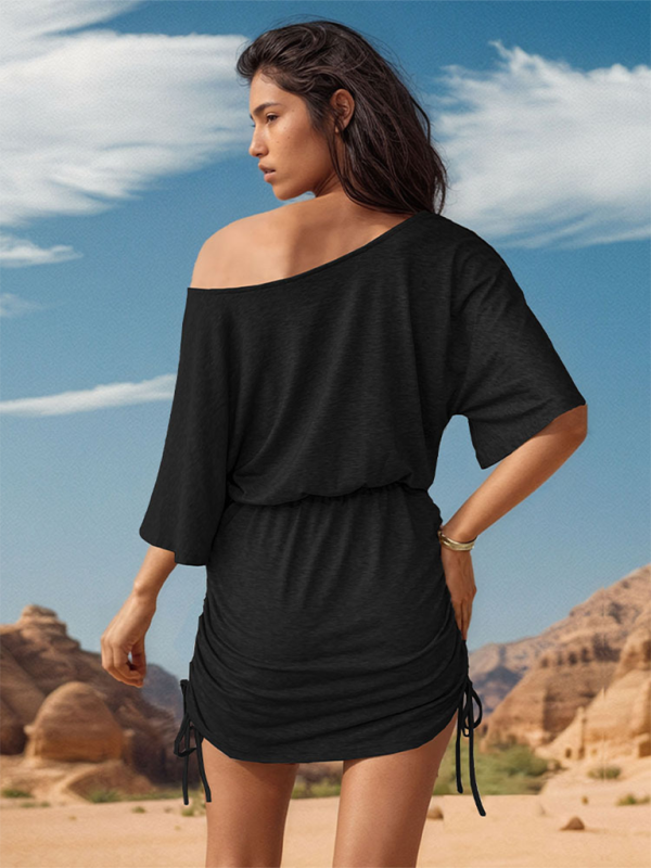 Slanted Shoulder Mini Dress with Drawstring Waist Mini Dresses MyDresses 