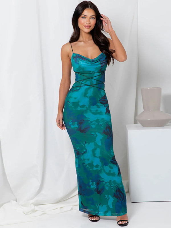 Backless Maxi Dress with Strappy Crisscross Camouflage Print Maxi Dresses MyDresses Blue 8 | S 