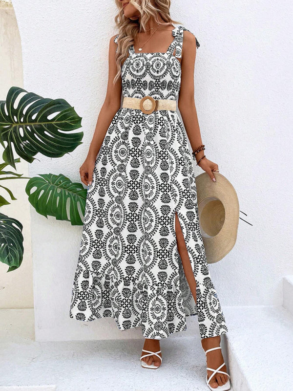 Geometric Print Maxi Dress with Adjustable Straps and Side Slit Group1 MyDresses 