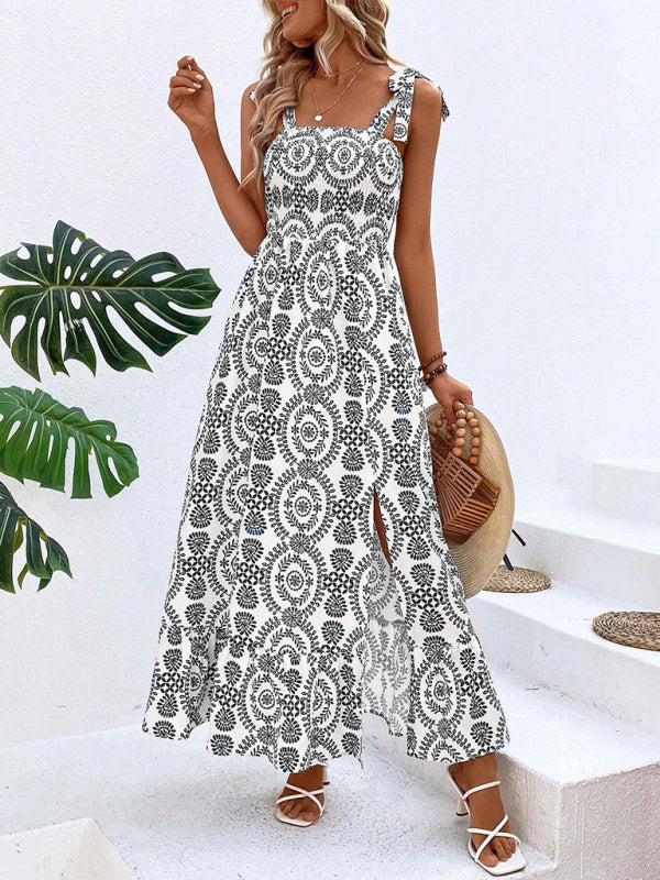 Geometric Print Maxi Dress with Adjustable Straps and Side Slit Group1 MyDresses 