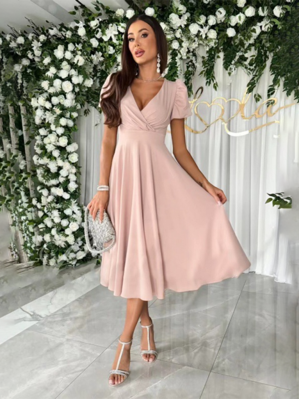 V-Neck Swing Dress with Puff Sleeves and Fitted Waist Midi Dresses MyDresses Pink 8 | S 