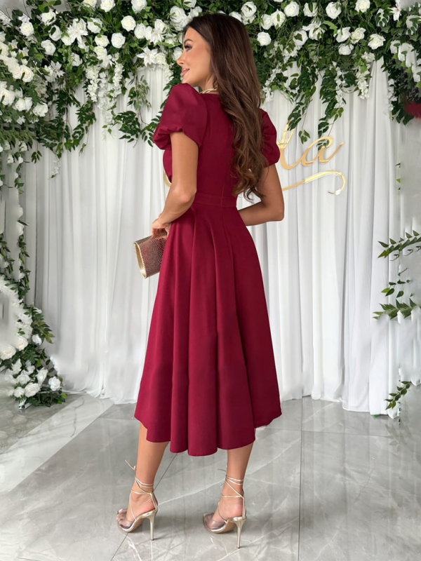 V-Neck Swing Dress with Puff Sleeves and Fitted Waist Midi Dresses MyDresses 