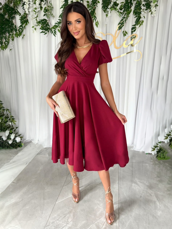 V-Neck Swing Dress with Puff Sleeves and Fitted Waist Midi Dresses MyDresses Red 8 | S 