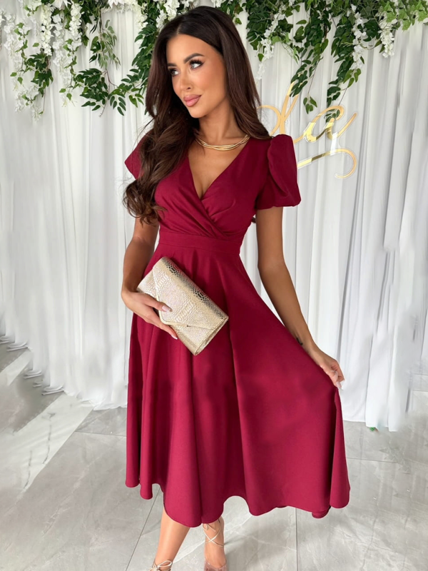 V-Neck Swing Dress with Puff Sleeves and Fitted Waist Midi Dresses MyDresses 