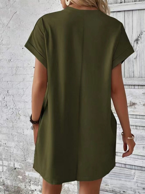 Loose Fit Pocket Dress with Round Neck and Short Sleeves Mini Dresses MyDresses 