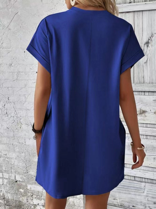 Loose Fit Pocket Dress with Round Neck and Short Sleeves Mini Dresses MyDresses 