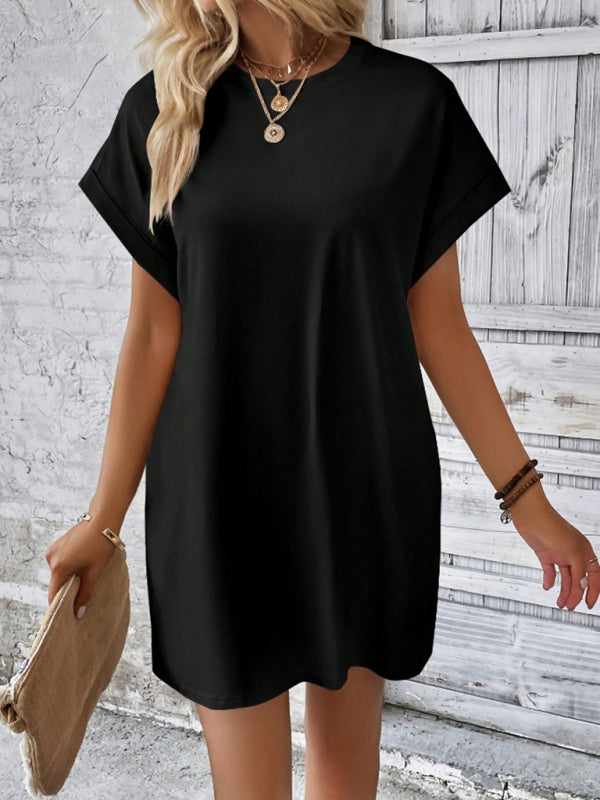 Loose Fit Pocket Dress with Round Neck and Short Sleeves Mini Dresses MyDresses 