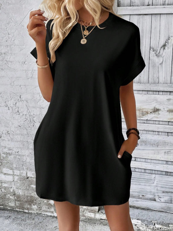 Loose Fit Pocket Dress with Round Neck and Short Sleeves Mini Dresses MyDresses 