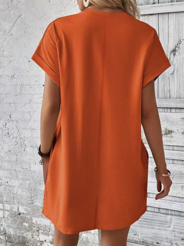 Loose Fit Pocket Dress with Round Neck and Short Sleeves Mini Dresses MyDresses 