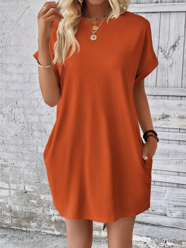 Loose Fit Pocket Dress with Round Neck and Short Sleeves Mini Dresses MyDresses 