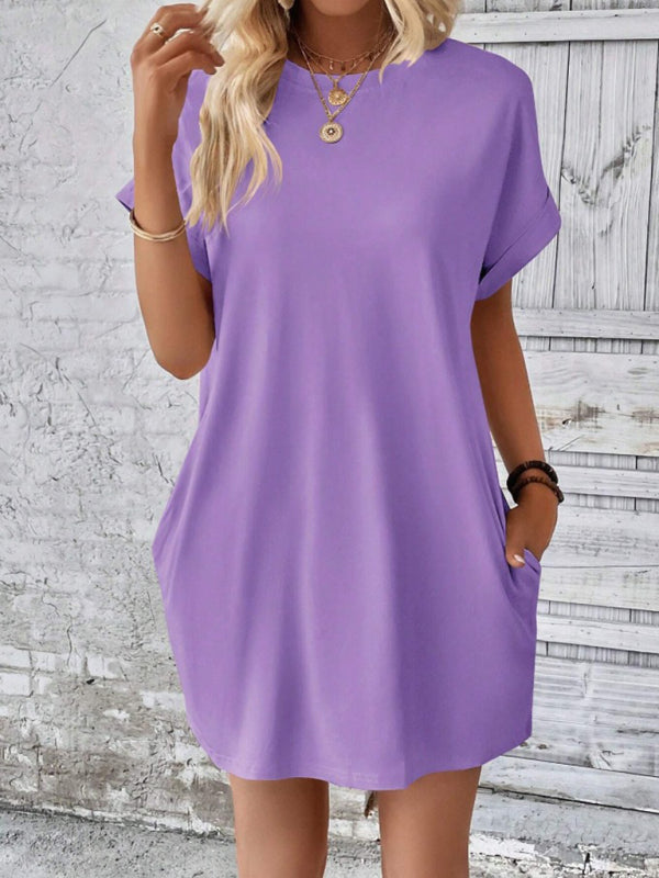 Loose Fit Pocket Dress with Round Neck and Short Sleeves Mini Dresses MyDresses 