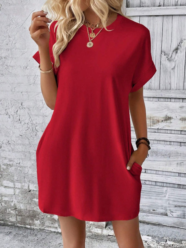 Loose Fit Pocket Dress with Round Neck and Short Sleeves Mini Dresses MyDresses 