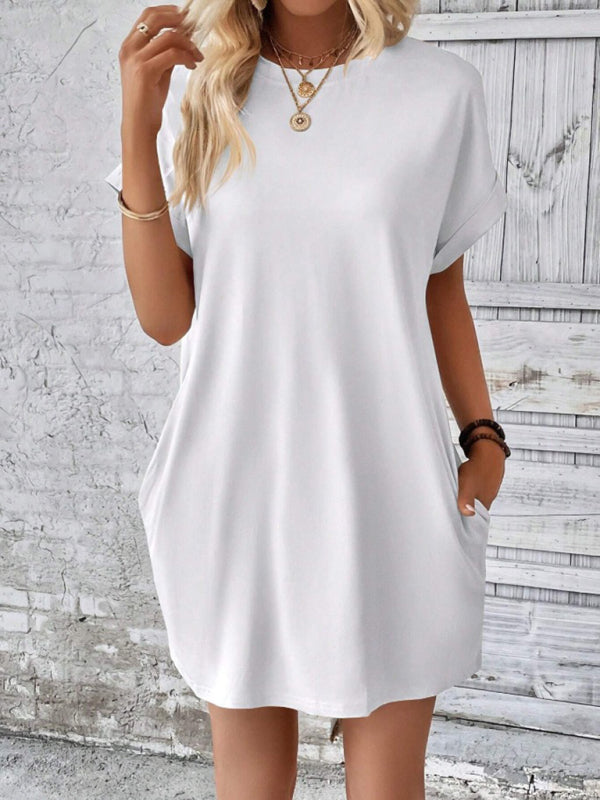 Loose Fit Pocket Dress with Round Neck and Short Sleeves Mini Dresses MyDresses 