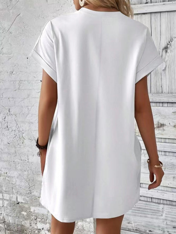 Loose Fit Pocket Dress with Round Neck and Short Sleeves Mini Dresses MyDresses 