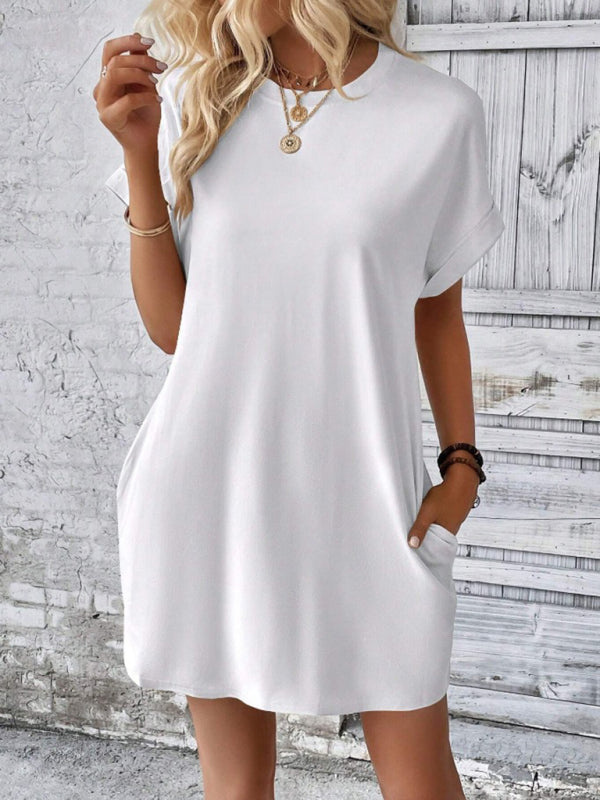 Loose Fit Pocket Dress with Round Neck and Short Sleeves Mini Dresses MyDresses 