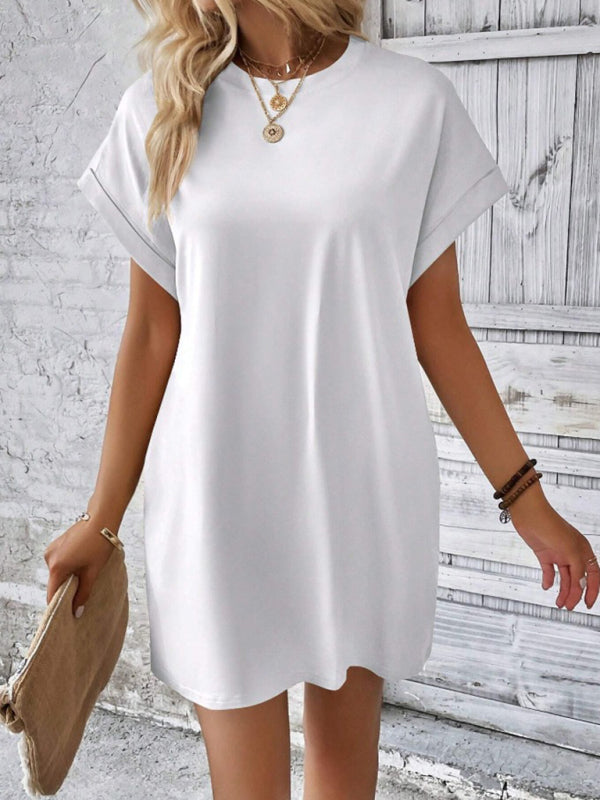 Loose Fit Pocket Dress with Round Neck and Short Sleeves Mini Dresses MyDresses 