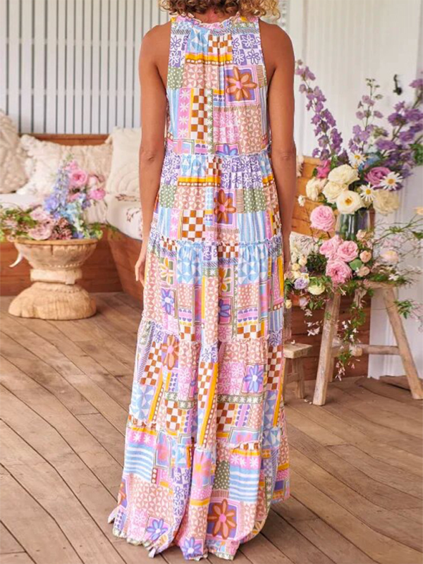 Patchwork Maxi Dress with Tiered Design and Bohemian Style Group8 MyDresses