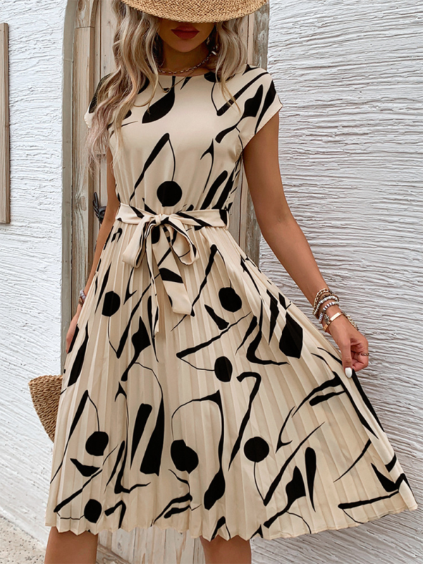 Geometric Pattern Pleated Dress with Belted Waist Midi Dresses MyDresses 