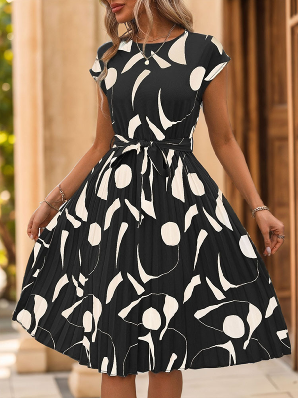 Geometric Pattern Pleated Dress with Belted Waist Midi Dresses MyDresses Black 8 | S 