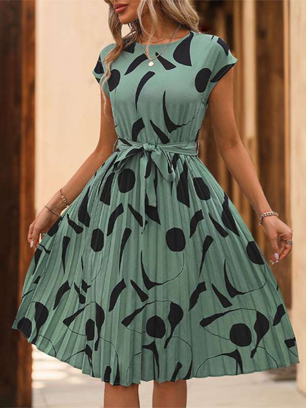 Geometric Pattern Pleated Dress with Belted Waist Midi Dresses MyDresses Green 8 | S 