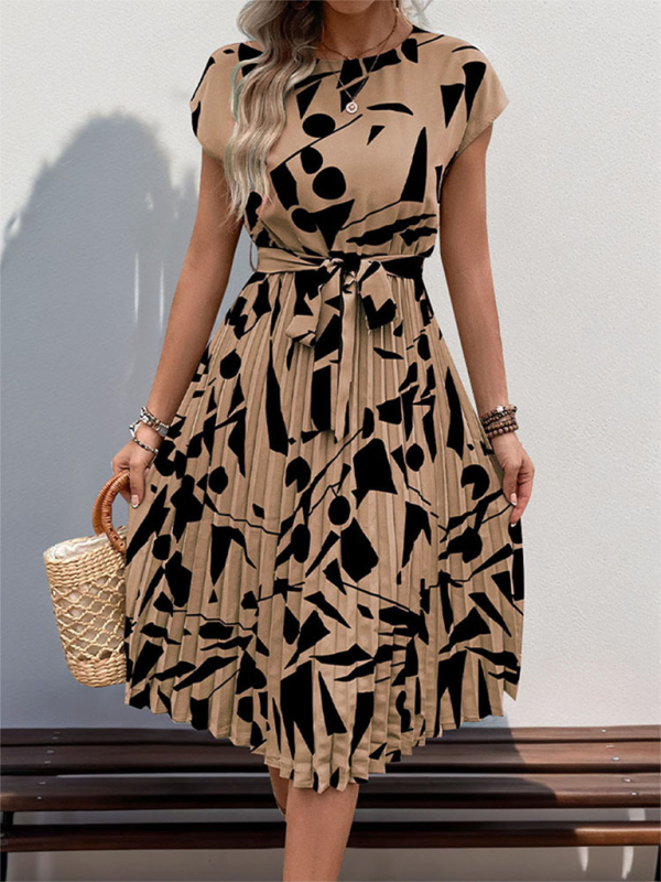 Geometric Pattern Pleated Dress with Belted Waist Midi Dresses MyDresses Khaki 8 | S 