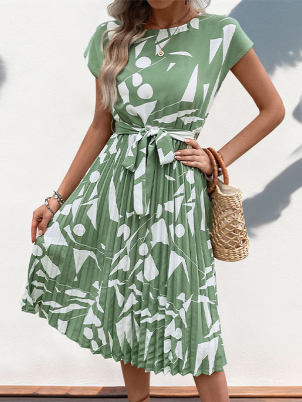 Geometric Pattern Pleated Dress with Belted Waist Midi Dresses MyDresses Mint Green 8 | S 