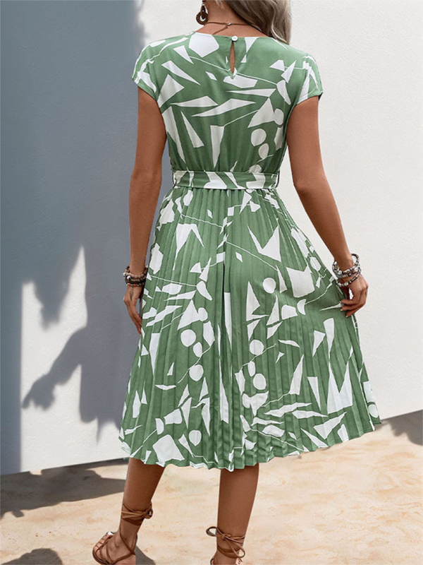 Geometric Pattern Pleated Dress with Belted Waist Midi Dresses MyDresses 
