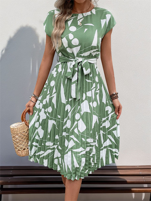 Geometric Pattern Pleated Dress with Belted Waist Midi Dresses MyDresses 