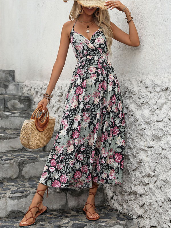 Floral Print Midi Dress with Spaghetti Straps and Wrap-Style Design Group4 MyDresses