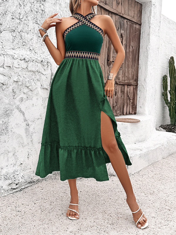 Halter Neck Midi Dress with Geometric Pattern and Ruffled Hem Midi Dresses MyDresses 