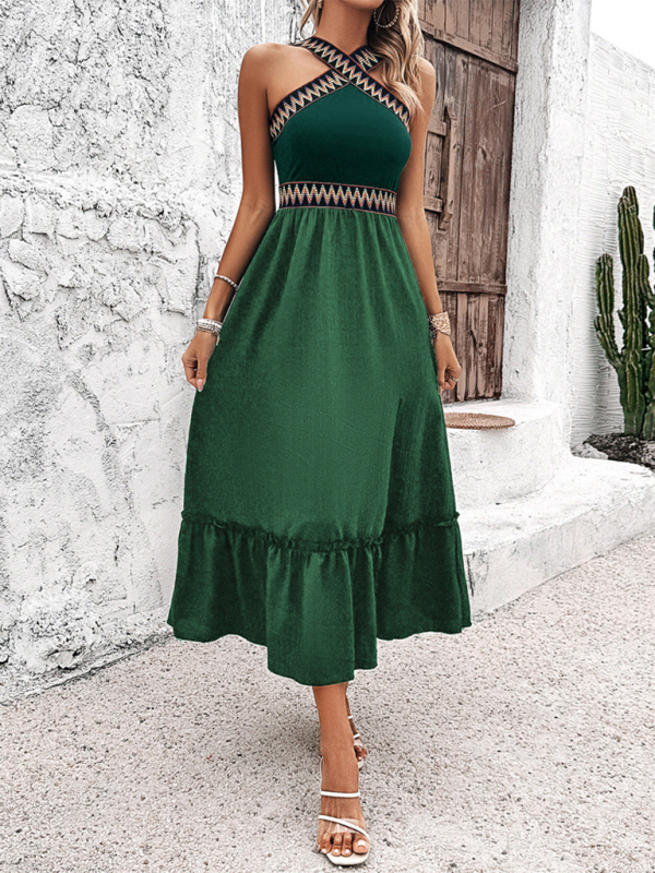 Halter Neck Midi Dress with Geometric Pattern and Ruffled Hem Midi Dresses MyDresses Green 8 | S 