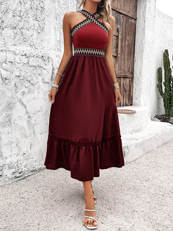 Halter Neck Midi Dress with Geometric Pattern and Ruffled Hem Midi Dresses MyDresses Red 8 | S 
