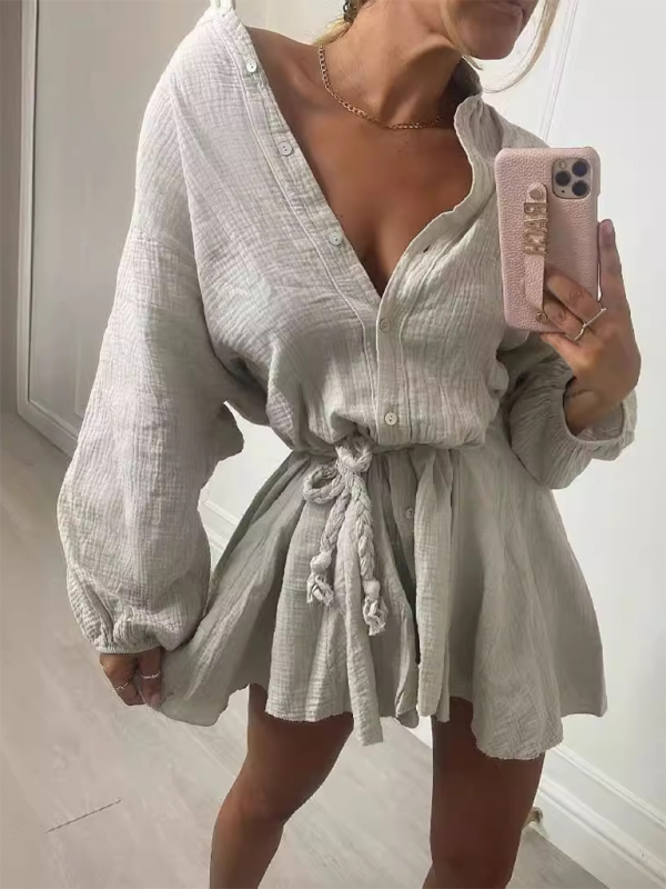 Button-Down Mini Dress with Tie Waist and Ruffled Hem Mini Dresses MyDresses Grey 8 | S 