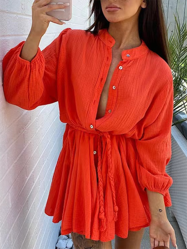 Button-Down Mini Dress with Tie Waist and Ruffled Hem Mini Dresses MyDresses Orange 8 | S 