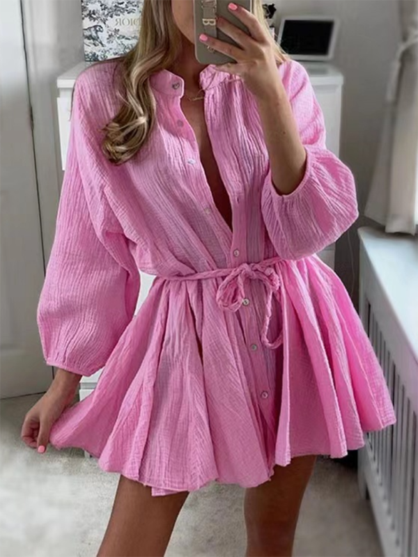 Button-Down Mini Dress with Tie Waist and Ruffled Hem Mini Dresses MyDresses Rose 8 | S 