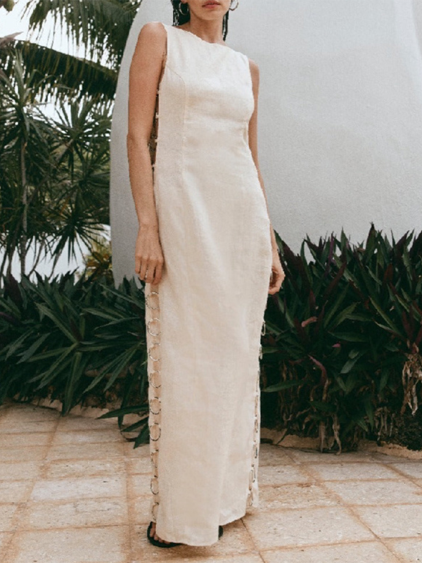 Sleeveless Maxi Dress with Decorative Hoops and High Neckline Group4 MyDresses Cream 8 | S