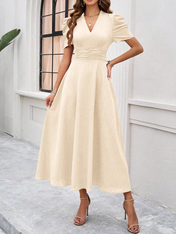 V-Neck Midi Dress with Puff Sleeves and Ruched Waist Midi Dresses MyDresses Khaki 8 | S 