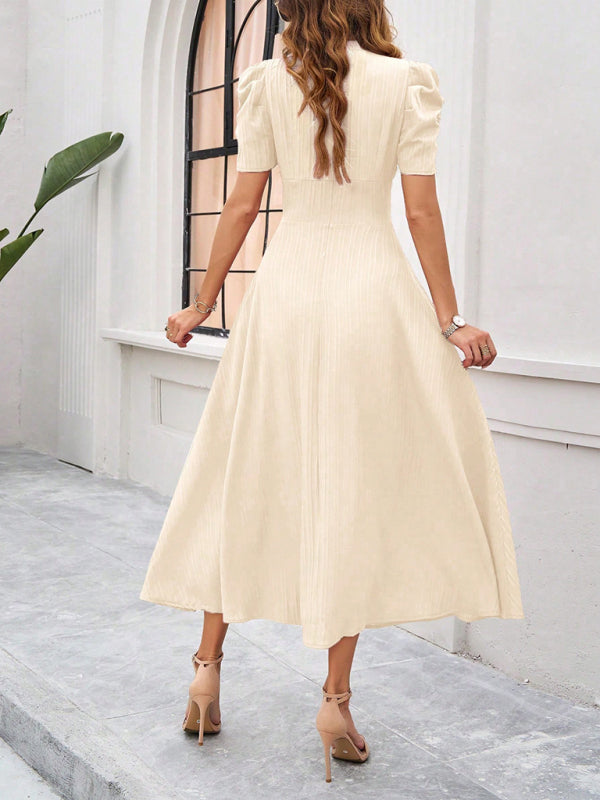 V-Neck Midi Dress with Puff Sleeves and Ruched Waist Midi Dresses MyDresses 