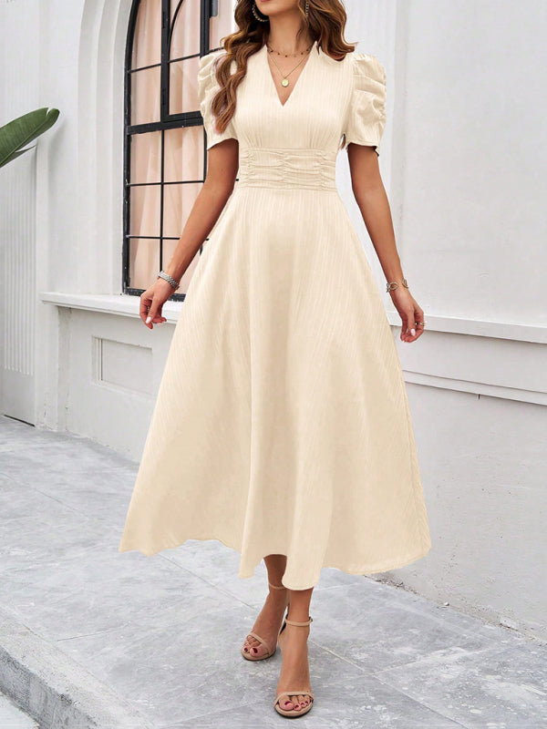 V-Neck Midi Dress with Puff Sleeves and Ruched Waist Midi Dresses MyDresses 