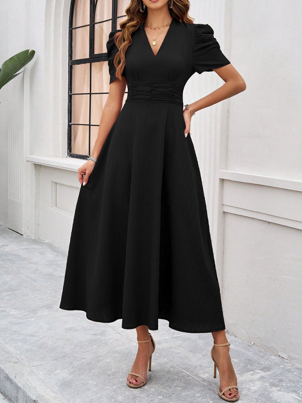 V-Neck Midi Dress with Puff Sleeves and Ruched Waist Midi Dresses MyDresses 