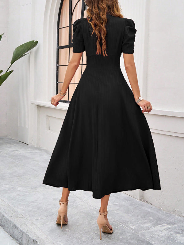 V-Neck Midi Dress with Puff Sleeves and Ruched Waist Midi Dresses MyDresses 