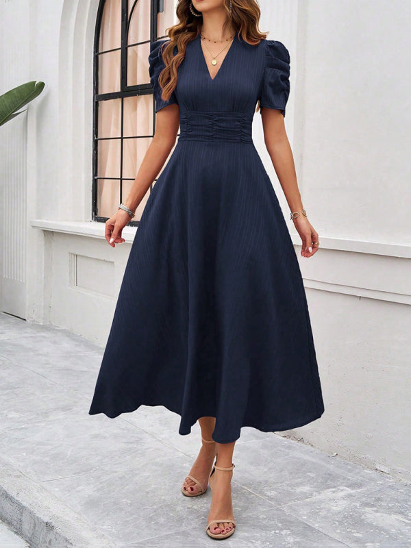 V-Neck Midi Dress with Puff Sleeves and Ruched Waist Midi Dresses MyDresses 