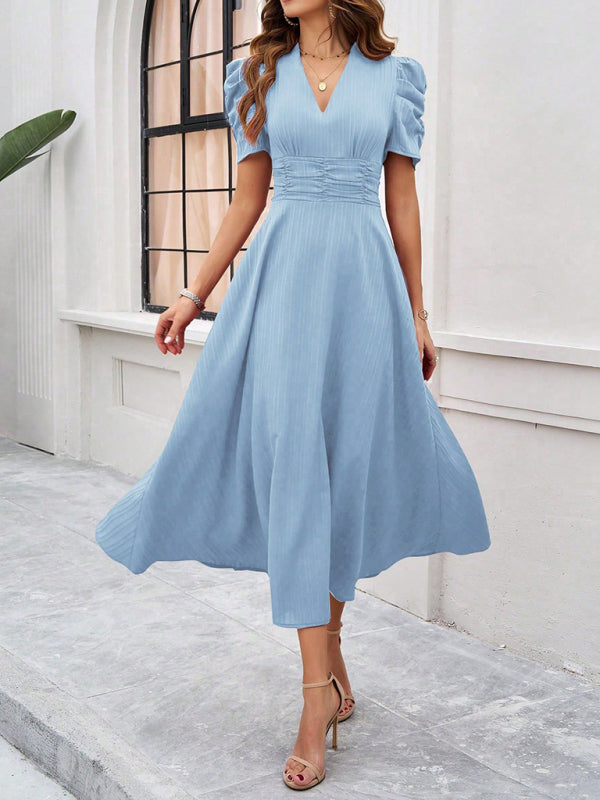 V-Neck Midi Dress with Puff Sleeves and Ruched Waist Midi Dresses MyDresses 