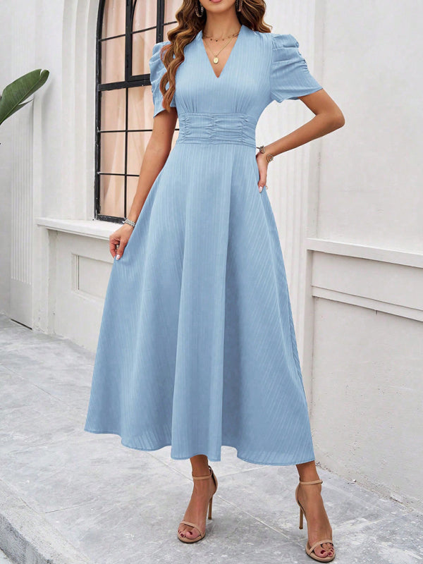 V-Neck Midi Dress with Puff Sleeves and Ruched Waist Midi Dresses MyDresses Clear blue 8 | S 
