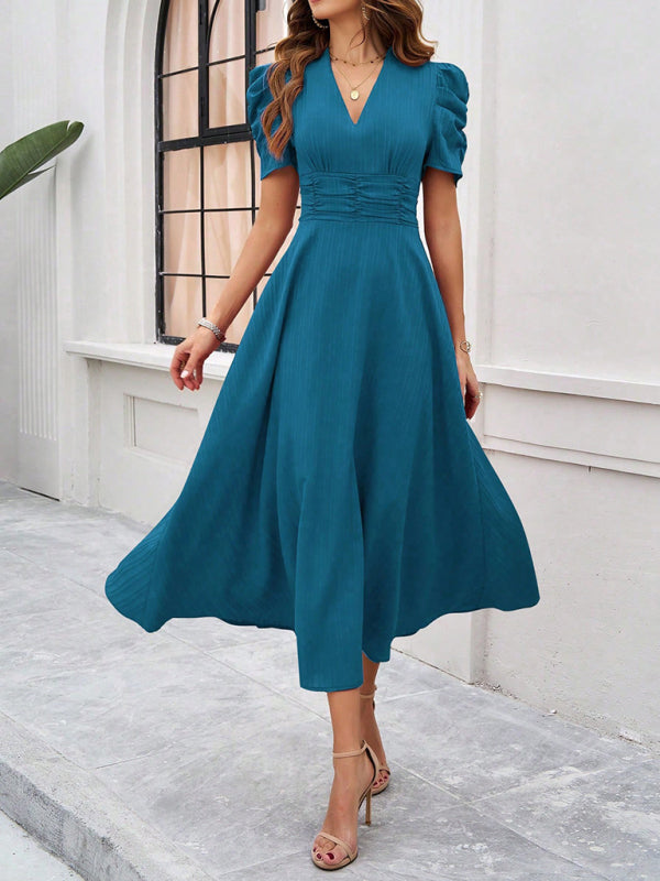 V-Neck Midi Dress with Puff Sleeves and Ruched Waist Midi Dresses MyDresses Blue 8 | S 