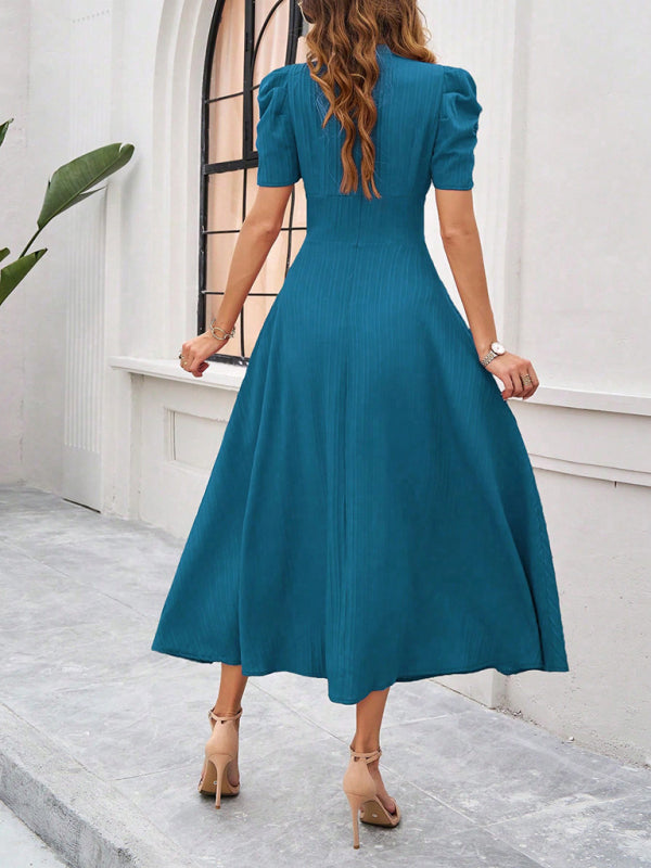 V-Neck Midi Dress with Puff Sleeves and Ruched Waist Midi Dresses MyDresses 
